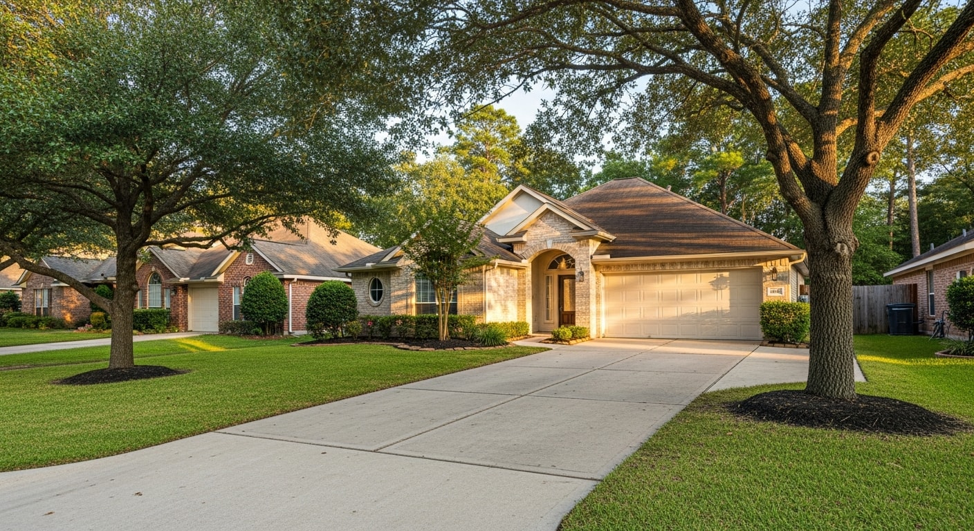 Residential home in Conroe with mature landscaping and clear driveway access, typical of the area's suburban neighborhoods.