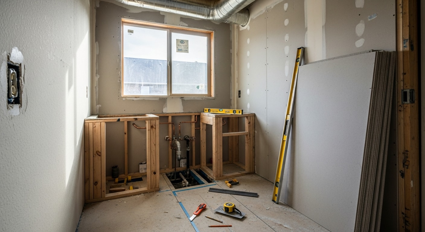 A remodeled bathroom in a Conroe, Texas home featuring a walk-in tile shower, updated vanity, and moisture-resistant finishes. The space reflects a full general contractor remodel suited to the local humid climate.