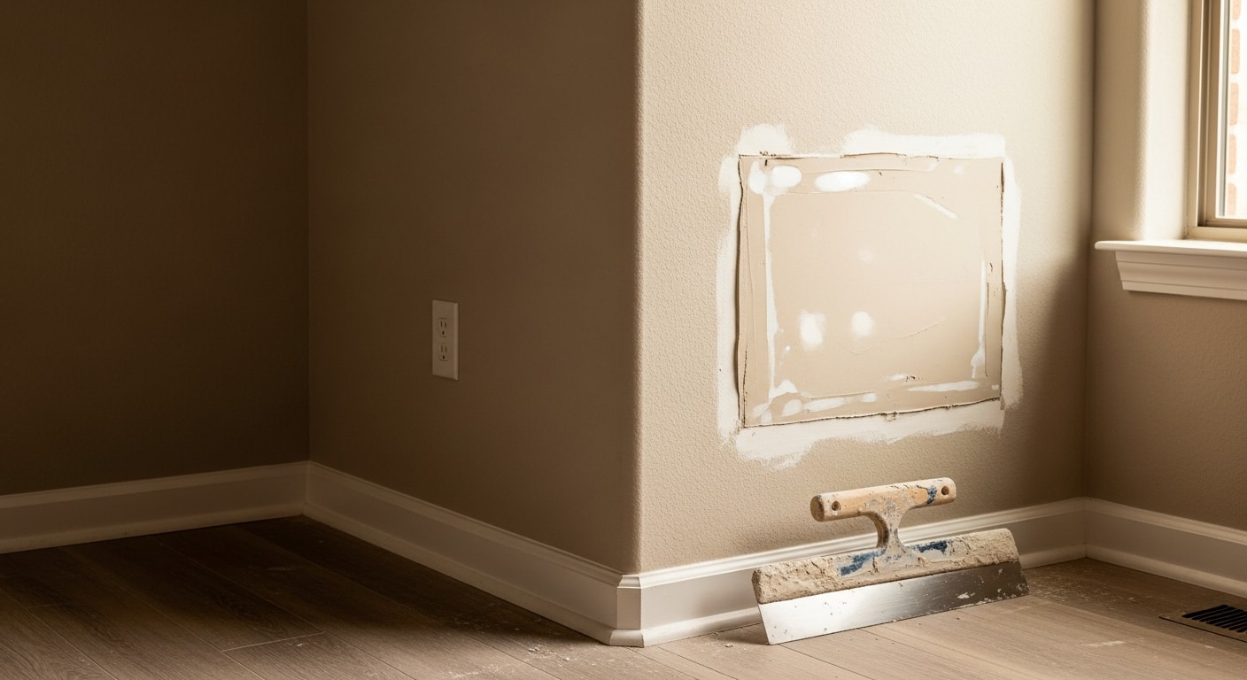 A Botnari Construction handyman repairing interior trim and caulking around a window inside a commercial property in Conroe, TX. The finished work shows clean lines and properly sealed joints on a building affected by the local humid climate.