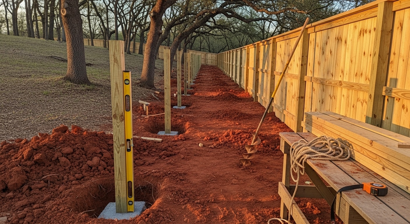 A newly installed wood privacy fence running along the backyard boundary of a residential property in Conroe, TX, with green grass and a clear blue Texas sky in the background. The fence posts are set straight and evenly spaced, showing clean construction on a flat suburban lot.