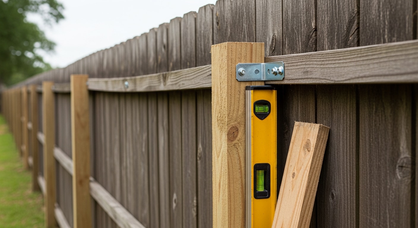 A repaired wood privacy fence in a Conroe residential backyard with straightened posts and replaced boards matching the existing fence line. A closed gate with new hardware is visible at the end of the repaired section.
