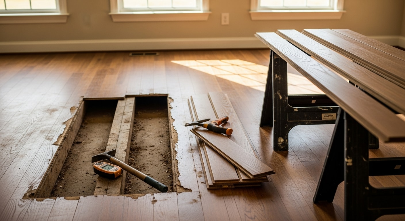Close-up of a repaired hardwood floor section in a Conroe, Texas home, showing tight board joints and a smooth, even surface. The repaired area blends with the surrounding original flooring in a residential living room.