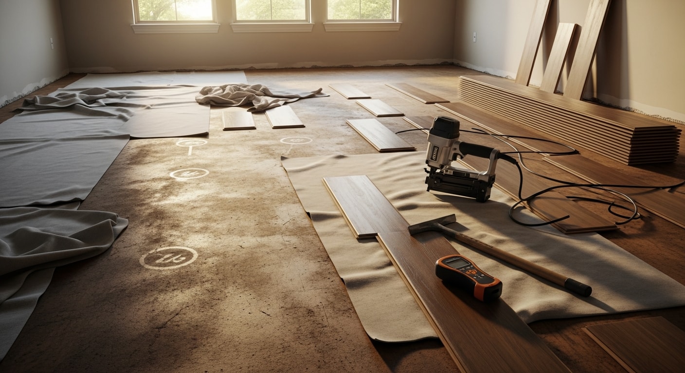 Freshly installed flooring in a Conroe, Texas home showing clean seams, even surface, and natural light across an open-concept living area. A flooring contractor from Botnari Construction completes trim work along the baseboard near the room's entrance.