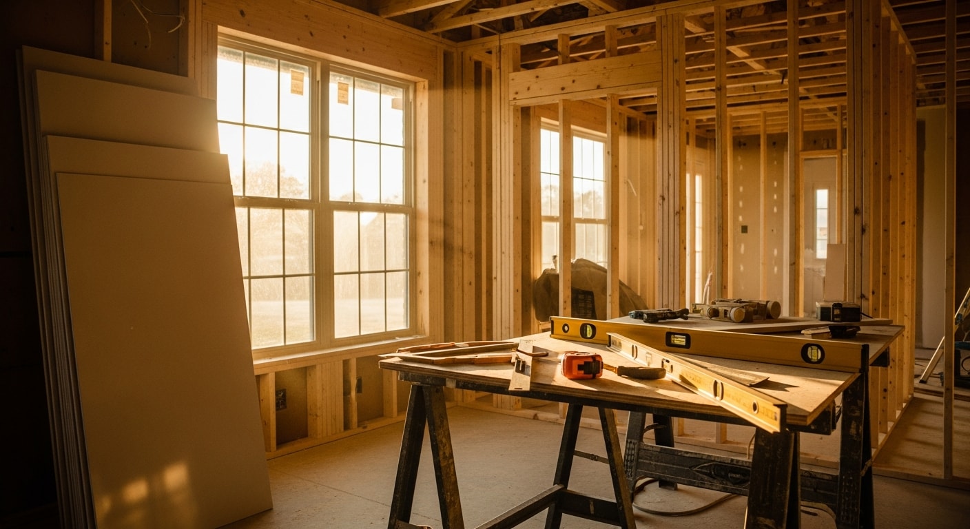 A renovated open-concept kitchen and living area inside a Conroe, TX home, showing updated cabinetry, fresh drywall, and new flooring. The space reflects a full interior renovation managed by a general contractor.