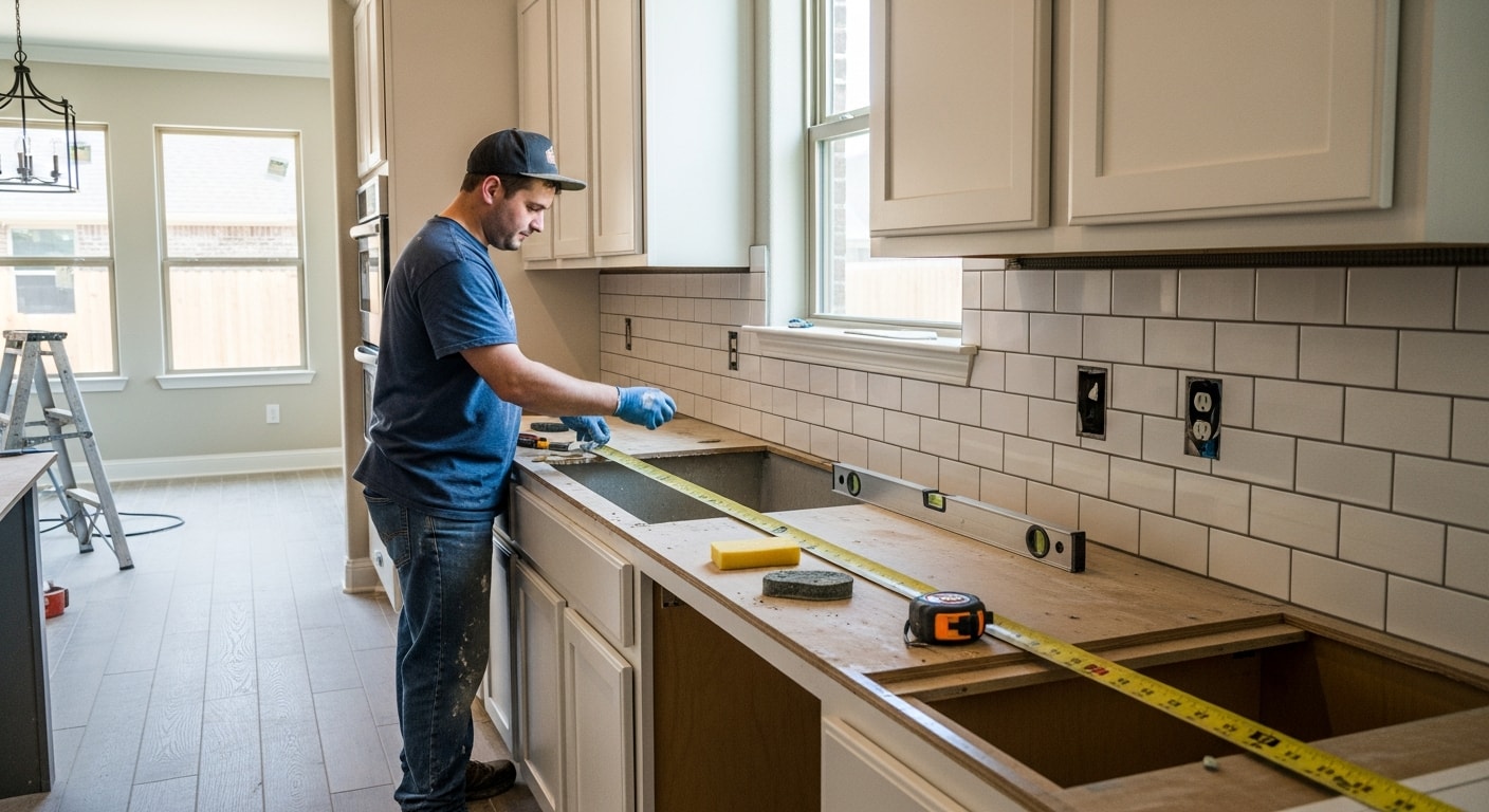 A fully remodeled kitchen in a Conroe, TX home showing open-concept layout with new cabinetry, countertops, and updated lighting. The space connects directly to the adjacent living area with consistent flooring throughout.