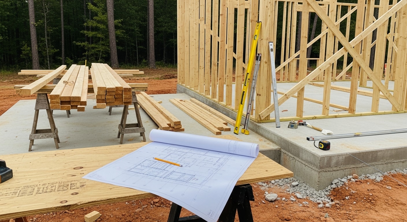 A newly constructed single-family home in Conroe, Texas, with completed exterior framing, roofline, and front elevation visible. A general contractor reviews the structure on site during a residential construction project.