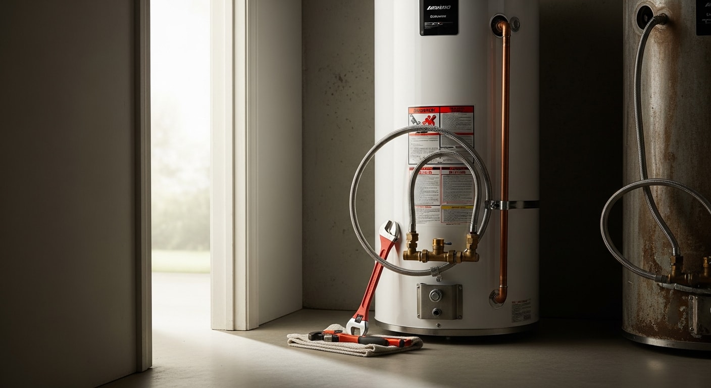 A newly installed tank water heater in a residential utility space in Conroe, Texas, with clean pipe connections and a secure mounting position. The old unit has been removed and the area is clear, showing a finished replacement by Botnari Construction.